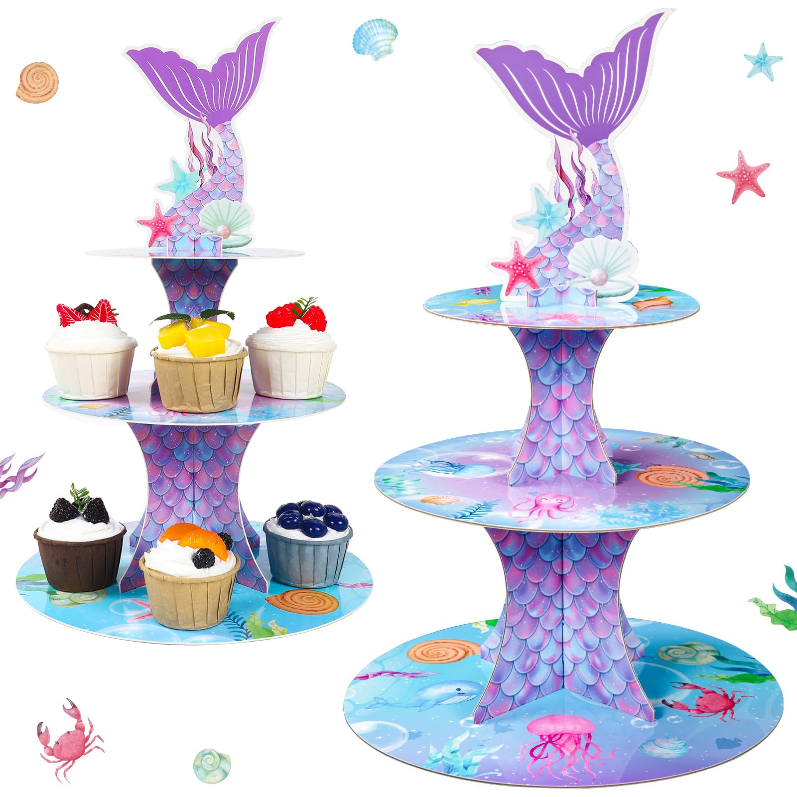 Photo 1 of 2Pcs Mermaid Cupcake Stand - 3 Tier Little Mermaid Birthday Party Decorations Under The Sea Theme Cake Dessert Tower Holder for Girls Kids Underwater Beach Baby Shower Party Supplies Favors