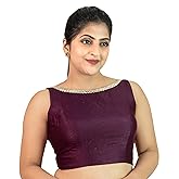 FIGURE'S DESIGNER Women's Dupion Raw Silk Sleeveless Boat Neck Zari Lace Mirror Work Readymade Saree Blouse S20