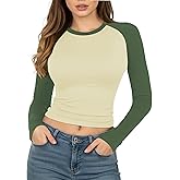 Stridey Women's Long Sleeve Shirts, Slim Fit Stretchy Crewneck Crop Shirts, Color Block Slightly Cropped Tops