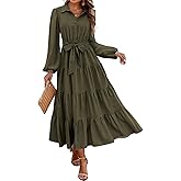 dowerme Women's Long Sleeve Dress 2026 Button Down Belted A-Line Flowy Spring Outfits Ruffle Maxi Holiday Party Dresses