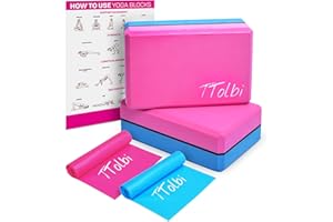 TTOLBI Yoga Blocks 2 Pack Kit with Resistance Bands & Guide: Non-Slip EVA Foam Block - Ideal Stretching Equipment for Home Workouts, Dance, Ballet, Gymnastics, Pilates, Exercise - Stretch Strap Stuff Props
