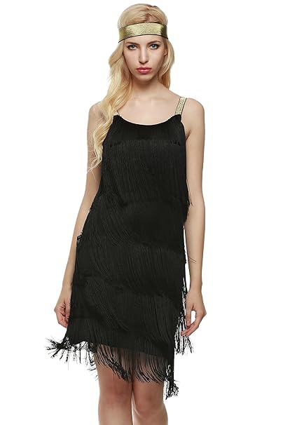 AIMADO Damen Charleston Kleid mit Stirnband 1920er Flapper Kleid fransenkleid Knielang Abendkleid