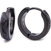 Stainless Steel Mens Hoop Earrings Zig Zag Stripe Gold-tone Black Bevel Edge