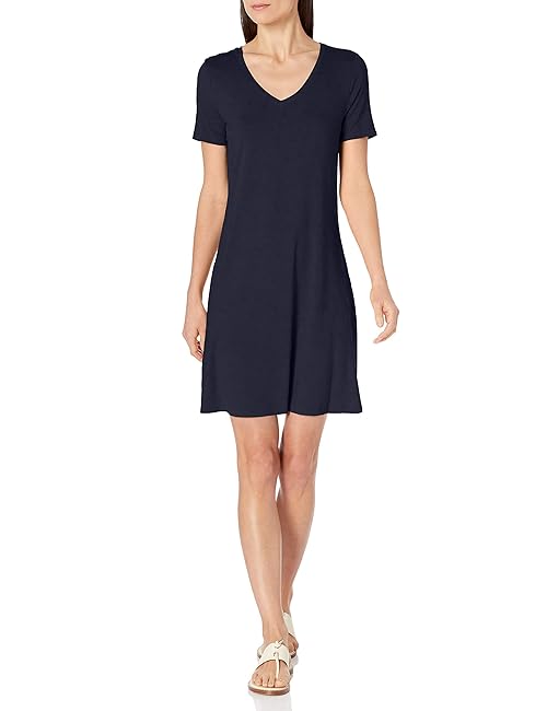 Amazon Essentials Women's Regular Short-Sleeve V-Neck Swing Dress, Navy, X-Small