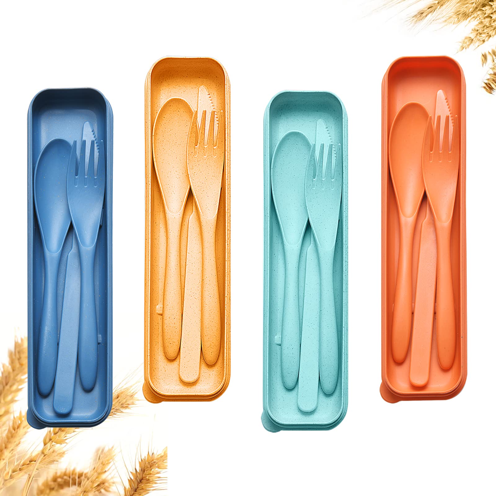 Photo 1 of Reusable Travel Utensils Set with Case, 4 Sets Wheat Straw Portable Knife Fork Spoons Cutlery, Eco-Friendly BPA Free Plastic Tableware for Kids Adults Travel Picnic Camping Utensils