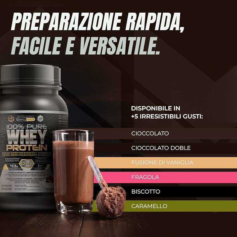 Whey Protein | Proteina Whey pura con Collagene + Magnesio | Migliora i tuoi allenamenti | Protegge e aumenta la massa muscolare | 1000g di proteina (Cioccolato)