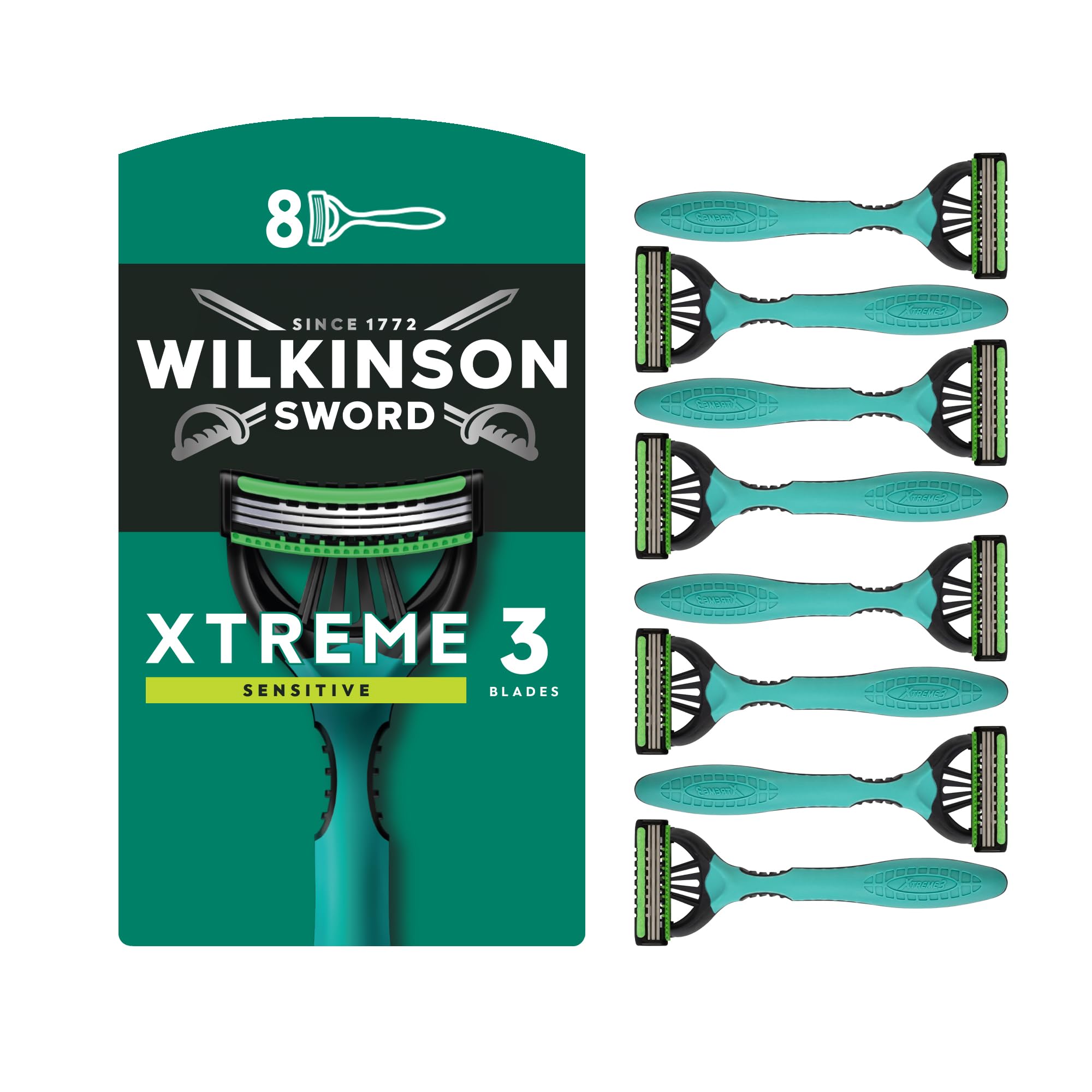 Wilkinson Sword Xtreme 3 Sensitive Men's Disposable Razors, Great Addition to Wash Bags for Men's Grooming, Great Shavers for Routine Shaving, 8 Pack