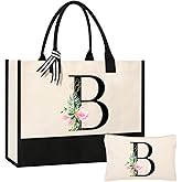 AYGE Personalized Initial Canvas Beach Bag Cosmetic Bags, Tote Bag, Makeup Bag, Gifts for Sister Mom Teacher Bridesmaid