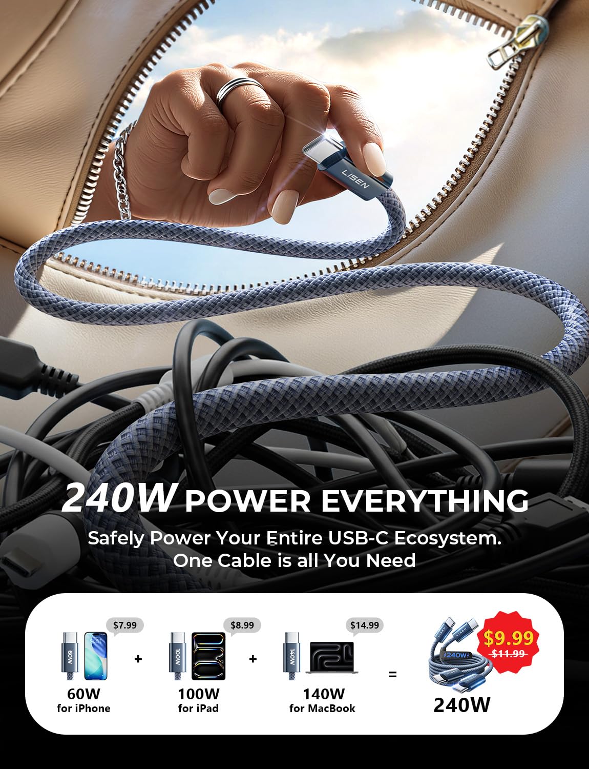 LISEN for iPhone 17 Charger Cord 240W USB C to USB C Cable Type C Charger Fast Charging Cord USBC Cable for iPhone Air 17 16 15 Pro Max iPad MacBook Air Pro Samsung S25, 6.6ft/2 Pack/Midnight