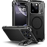 Lanhiem for iPhone 16 Pro Metal Case with Camera Cover & Stand [Compatible with MagSafe] [Built-in Kickstand] [Military-Grade Protection] Heavy Duty Rugged Magnetic Phone Case, Black