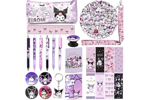 KINON KUROMI School Supplies Gift Set, Including Notebook Pencil Case Pens Stickers Button Pins Lanyard Keychain Ruler Bookmarks Phone Ring Holder