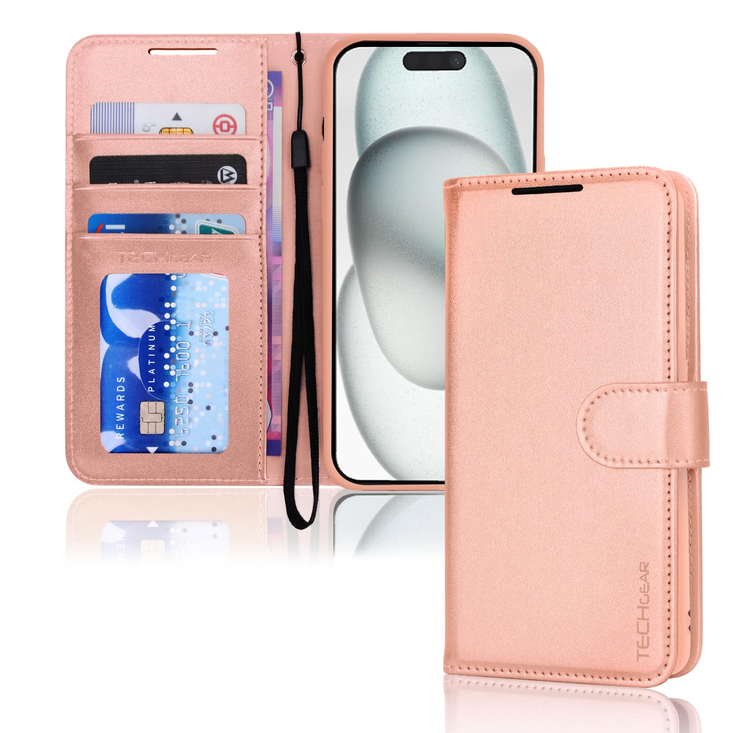 TECHGEAR iPhone 15 Leather Wallet Case, Flip Protective Case Cover with Wallet Card Holder, Stand & Wrist Strap - Rose Gold PU Leather with Magnetic Closure for iPhone 15 6.1"