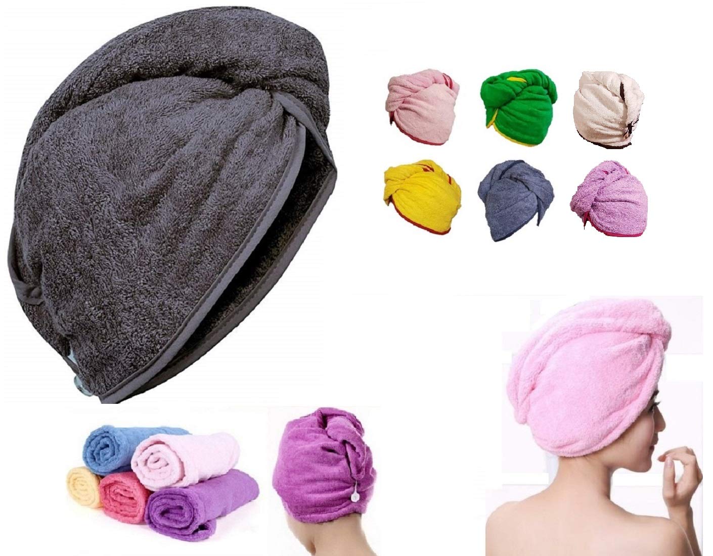 100% Pure Cotton Hair Drying Towel, Head Wrap Turban Turbie Loop Button Fastener 500 GSM Towel for Extra Absorbent Any Colour 65X24CM. NOT MICROFIBRE Shower Bath Swim