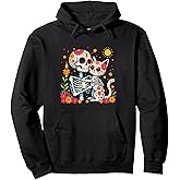Floral Skeleton Hugging Cat Sugar Skull Día de los Muertos Pullover Hoodie