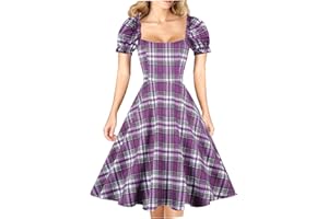 Hanpceirs Women's Puff Short Sleeve 1950s Party Dresses Square Neck Aline Dress with Pockets