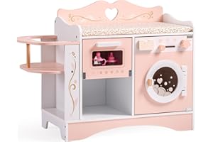 ROBOTIME Wooden 6-in-1 Baby Doll Changing Table with Baby Doll Crib, Washing Machine, Bottle Sterilizer, Storage Area, and Do