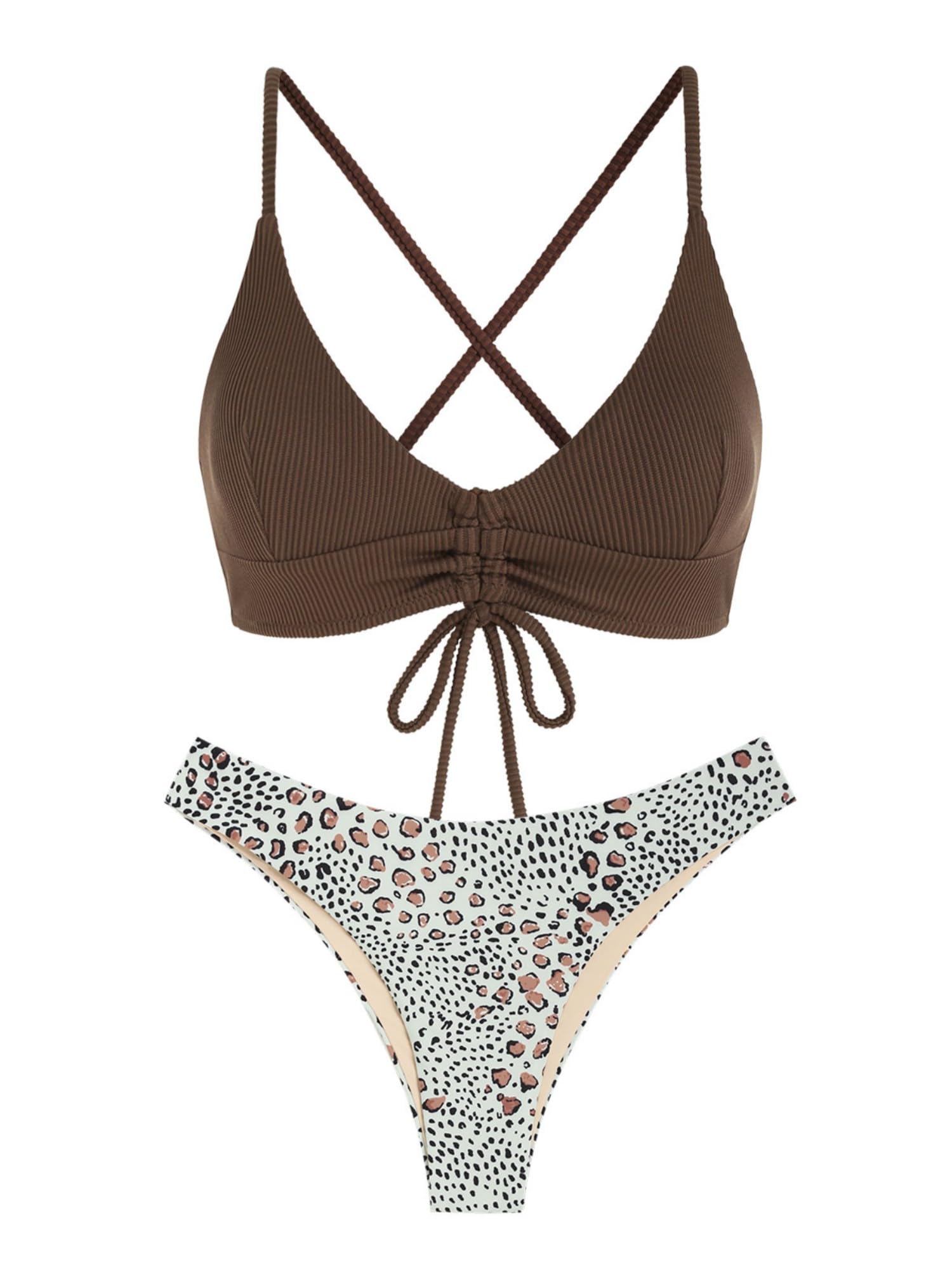 Photo 1 of ZAFUL Women's Sexy Leopard Triangle String Bikini Set Ribbed Lace Up Two Piece Swimsuit Padded High Cut Cinched Bathing Suit Deep Coffee M