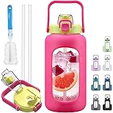 HYDRAGLAZIC 72oz Glass Water Bolttles, 3-in-1 Straw and Sip Spout Handle Lid, Half Gallon Water Bottle with Time Marker and Silicone Sleeve, BPA-Free Sports Water Bottle for Gym, School, Bright Pink