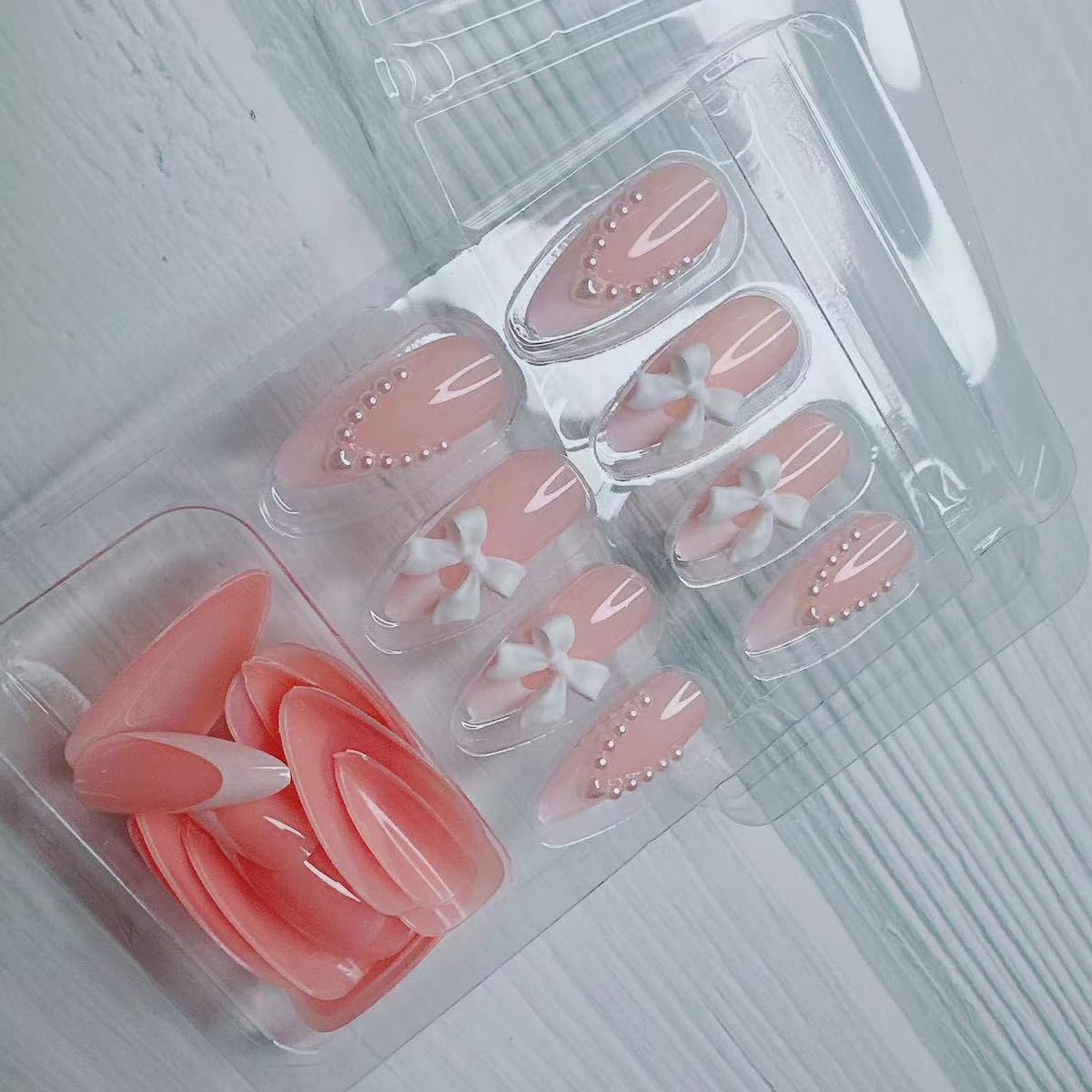 White French Tip Almond Shape Pearl Bow Fake Nails Design Tips - 24pcs Cute Bow Stick On Nails for Women & Girls - Daily Wear - Image 7