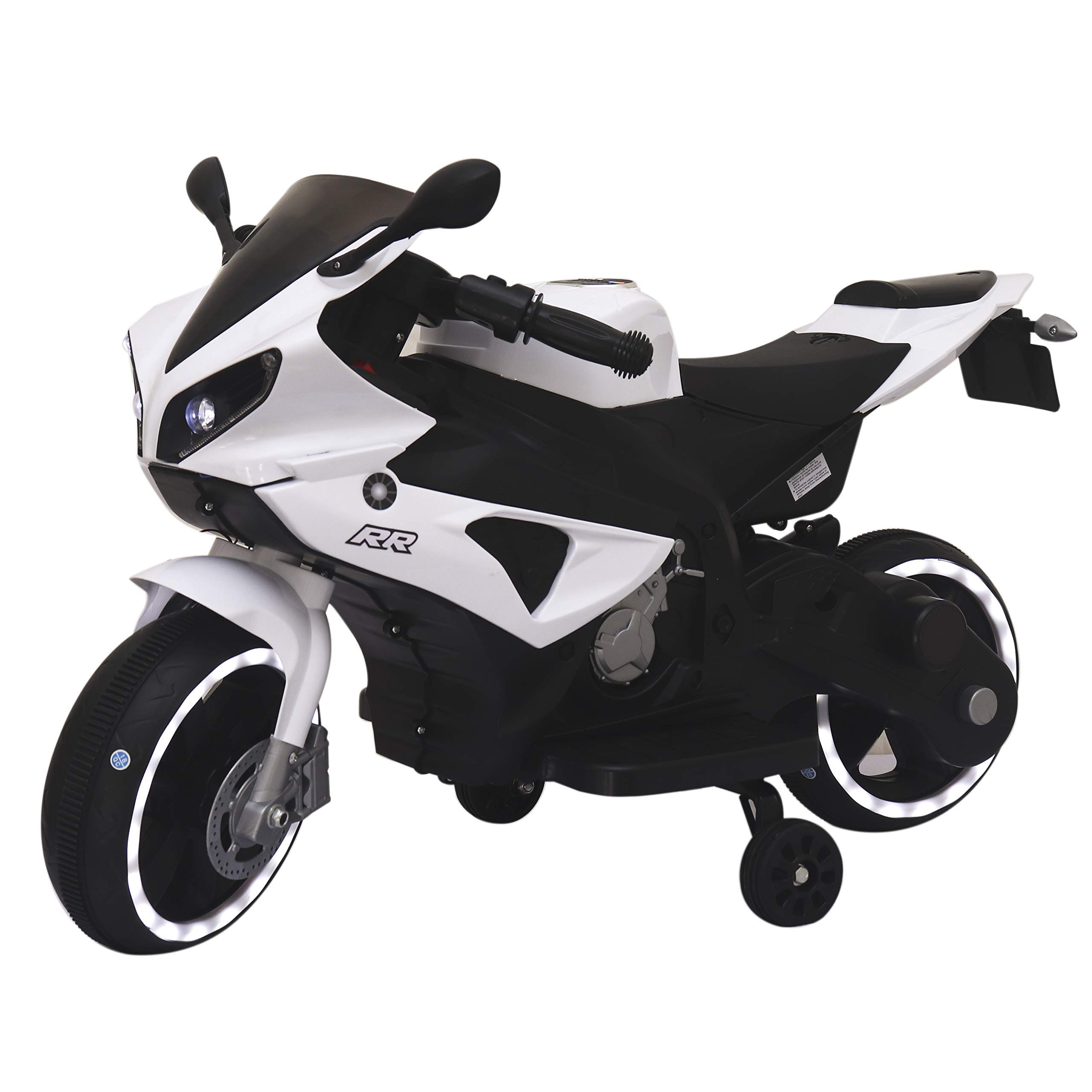 SHAKYA WORLD Battery Operated Electric Sports Ride on RR Bike for 1 to 4 Years Kids/Children/Toddler/Babies with Hand accelaretor Music System/Working Lights/Training Wheels , White