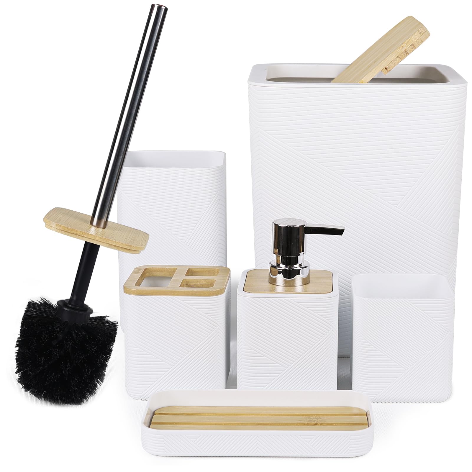 CERBIOR Bathroom Accessories Set 6 Piece Bamboo Bath Ensemble Includes Soap Dispenser, Toothbrush Holder, Toothbrush Cup, Soap Dish for Decorative Countertop and Housewarming Gift (White)
