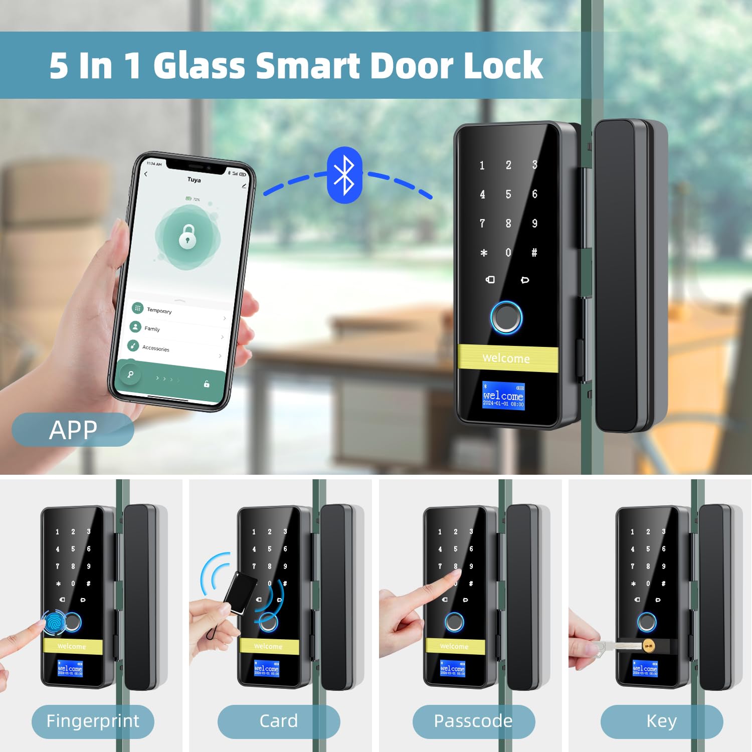 Smart Glass Door Lock, 8 in 1 Upgrade Keyless Entry Digital Door Lock, Glass Front Smart Locks with Keypad, Sliding Door Biometric Fingerprint Glass Lock, Auto Lock for Glass Doors,Office,Home,Store