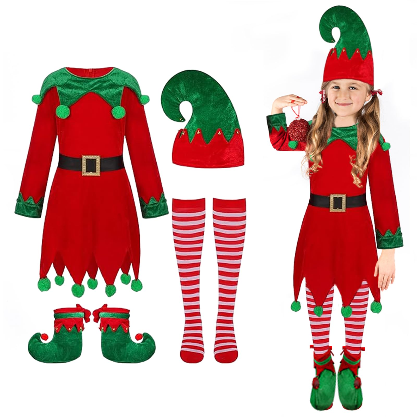 Photo 1 of AOLIUP Kids Girls Christmas Elf Costume - Santa Helper Costume Xmas Holiday Elf Dress Outfit (6-7)