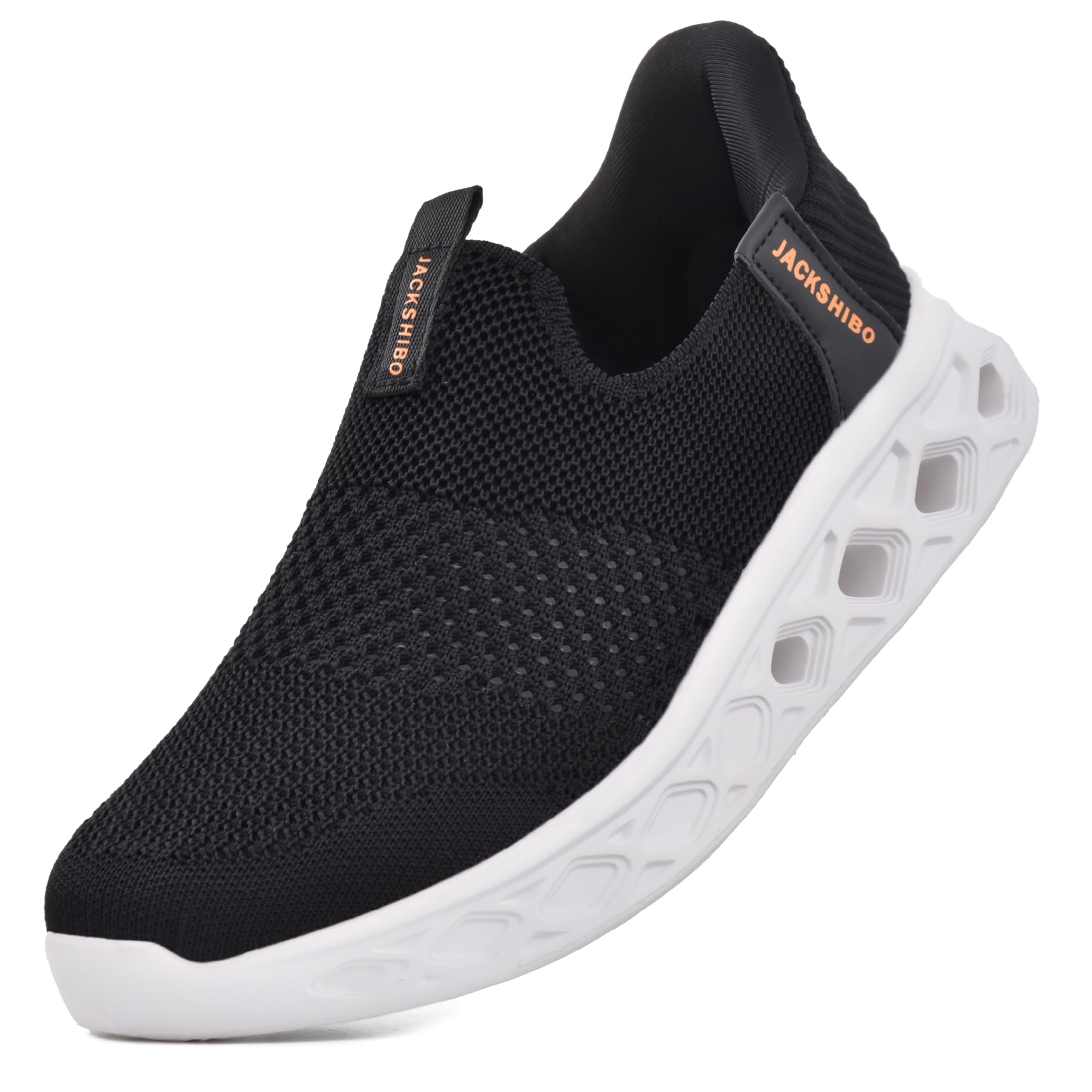 JACKSHIBO Handen vrij slip in herenschoenen, slip-on sneakers, voetboogsteun, orthopedische schoenen, traagschuim, wandelschoenen met brede teenbox, nulhak, zwart, 46 EU Breed