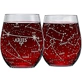 Greenline Goods Aries Stemless Wine Glasses Zodiac Aries Set Hand Etched 15 oz (Set of 2) - Astrology Sign Glassware