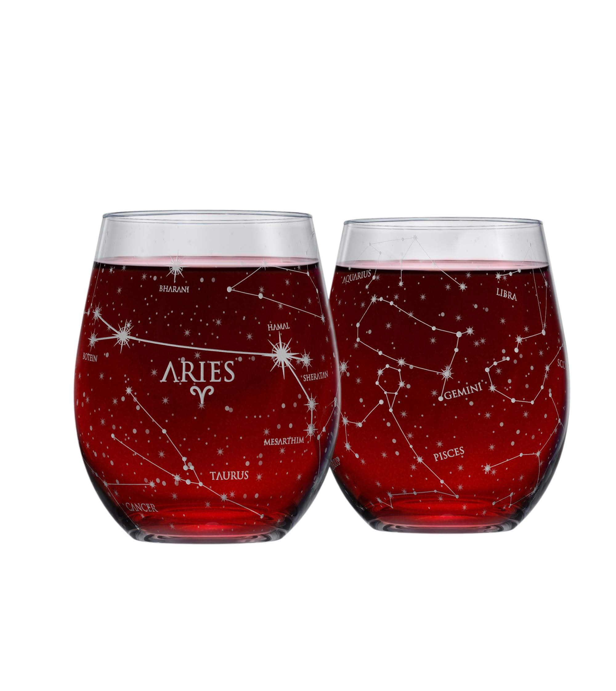 Greenline Goods Aries Stemless Wine Glasses | Zodiac Aries Set | Hand Etched 15 oz (Set of 2) - Astrology Sign Glassware