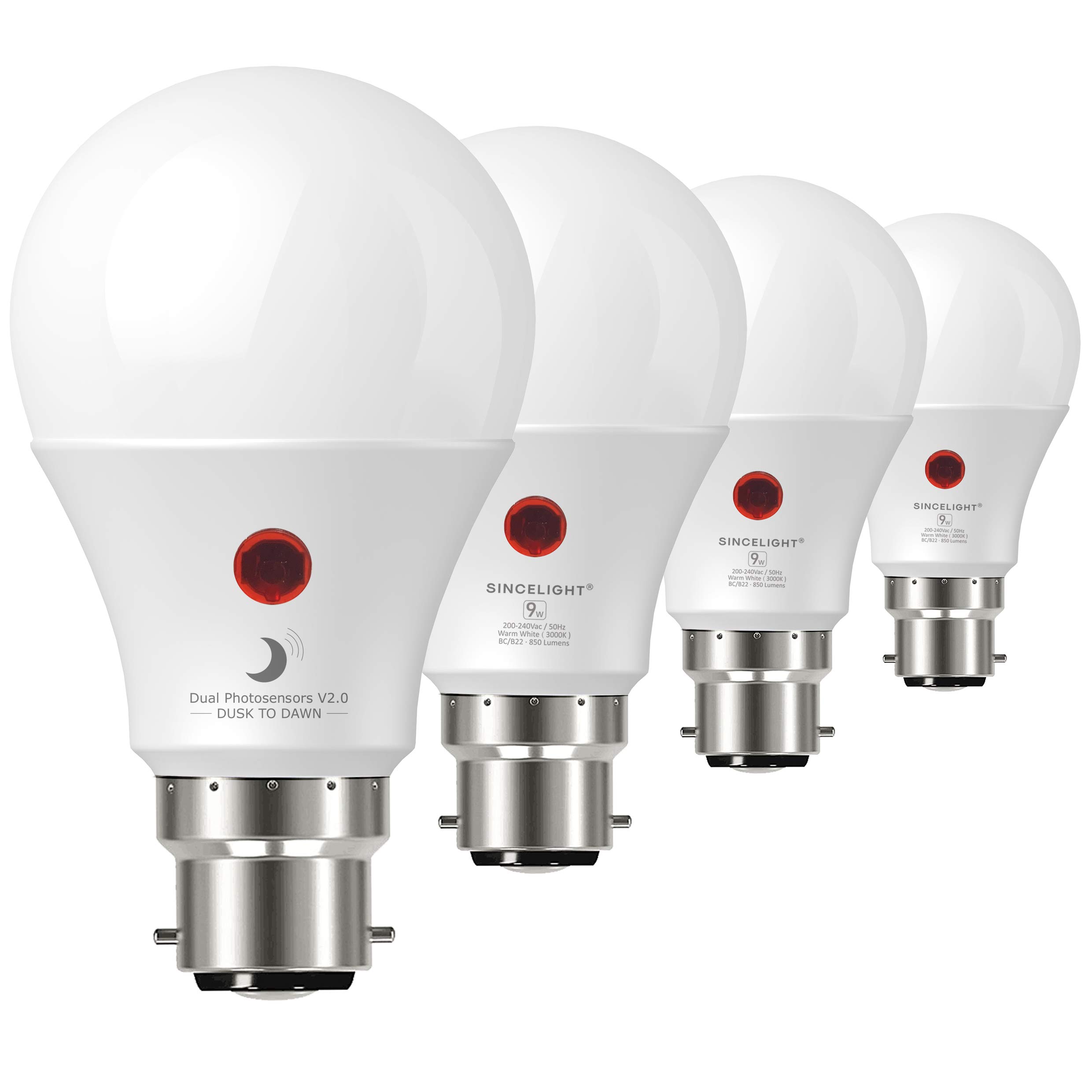 Dusk to Dawn LED Bulb with Dual Daylight Sensors· ON/Off Automatic Depends On Daylight Level · Night Light from Dusk Till Dawn · 9 Watt · 4 Pack