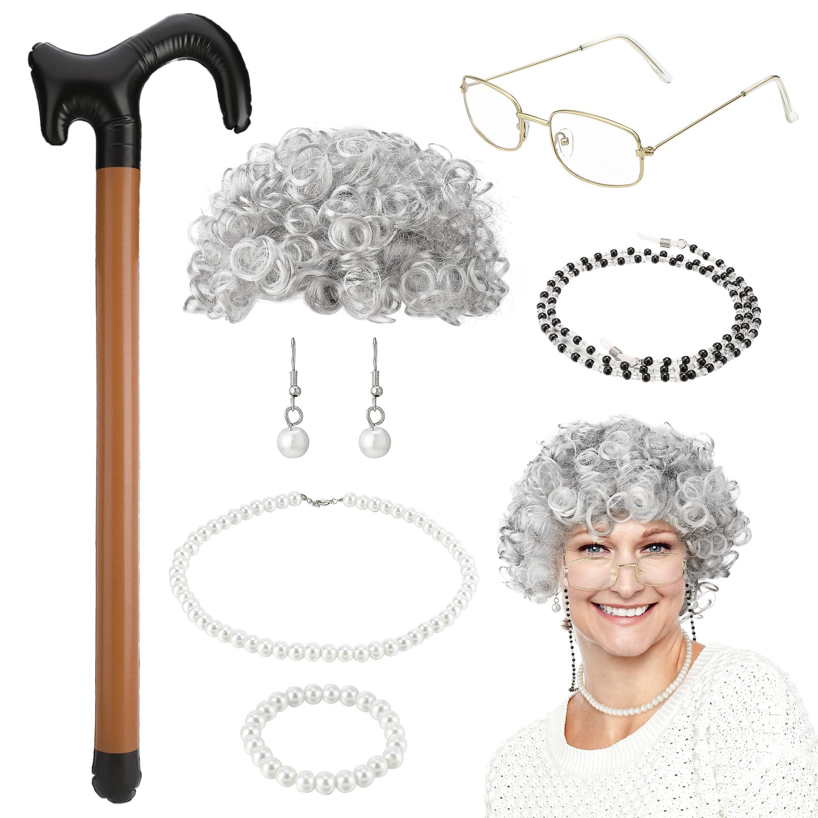 GSrenyu 7 Pcs Old Lady Fancy Dress, Old Lady Costume with Grey Granny Wig Pearl Necklace Earrings Bracelet Glasses Chain Glasses Inflatable Cane for World Book Day Masquerade Carnival