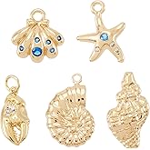 Cheriswelry 5Pcs 18K Gold Filled Conch Shell Charms Cubic Zirconia Metal Brass Seashell Starfish Pendants 10-20.5mm for DIY Summer Necklace Bracelet Earring Jewelry Making