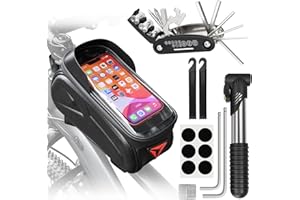 PXZBLG Bike Repair Kit, Bike Phone Holder Bag with 1.6L Capacity, Waterproof Bike Phone Frame Bag Compatible Phone Under 7”, 16-in-1 Bike Multitool, Bicycle Tire Repair Kit, 4mm and 5mm Allen Wrenches