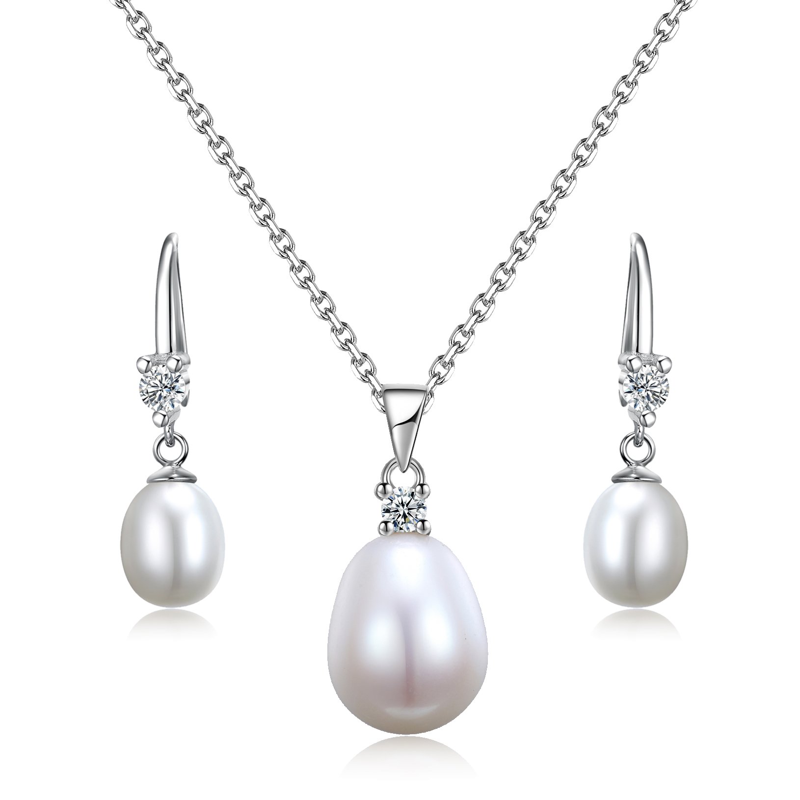 Sreema London Dazzling Duo Sterling Silver Pendant Earrings Set With 18 inch Silver Rolo Chain