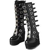 AOSPHIRAYLIAN Womens Goth Knee High Boots Wedge High Heel Motorcycle Punk Combat Platform Boots