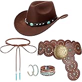 Cutecrop 5 Pcs Boho Jewelry Western Hat Set Cowboy Hat Western Belt Boho Pendant Choker Layered Bracelet Dangle Earrings
