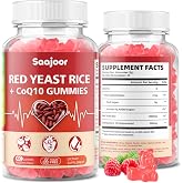Saajoor Red Yeast Rice with CoQ10 Gummies, Red Yeast Rice 1000mg, CoQ10 200mg, for Men &amp; Women, Vegan, Raspberry Flavor, 60 Gummies