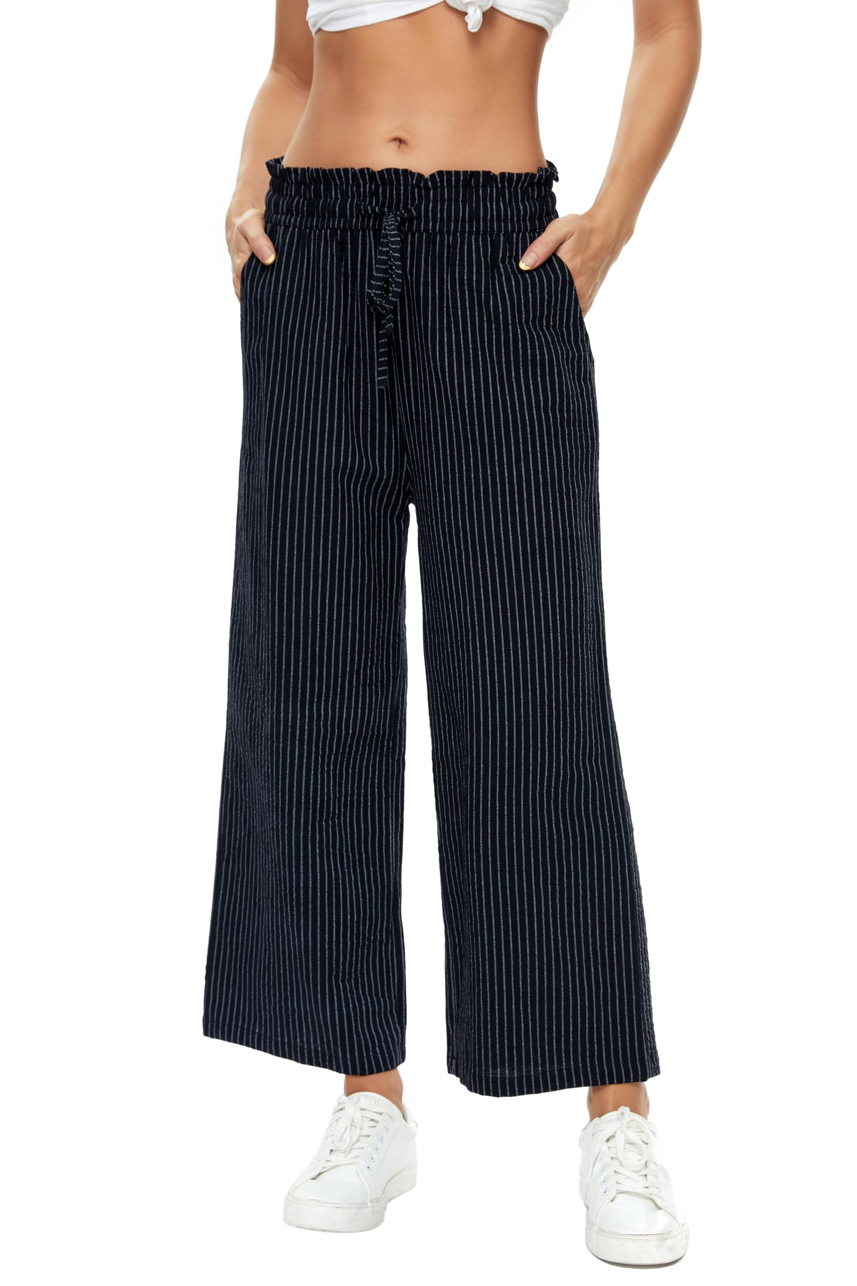 Photo 1 of LNX Womens Linen Capri Pants Wide Leg High Waisted Drawstring Casual Cropped Pants with Pockets