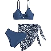COZYEASE Girls' 3 Piece Bikini Set Ditsy Floral Print Wireless Swimsuit with Beach Skirt