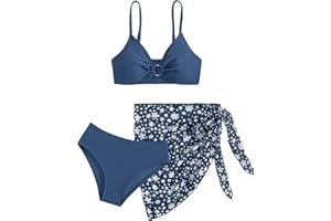 COZYEASE Girls' 3 Piece Bikini Set Ditsy Floral Print Wireless Swimsuit with Beach Skirt