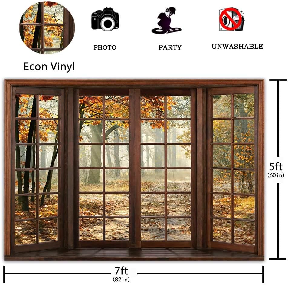 Allenjoy Fall Window Backdrop Autumn Landscape Forest Photography Background Season Natural Scenery Banner Decoration Party Supplies Photo Booth Props Favors Gifts 7x5ft