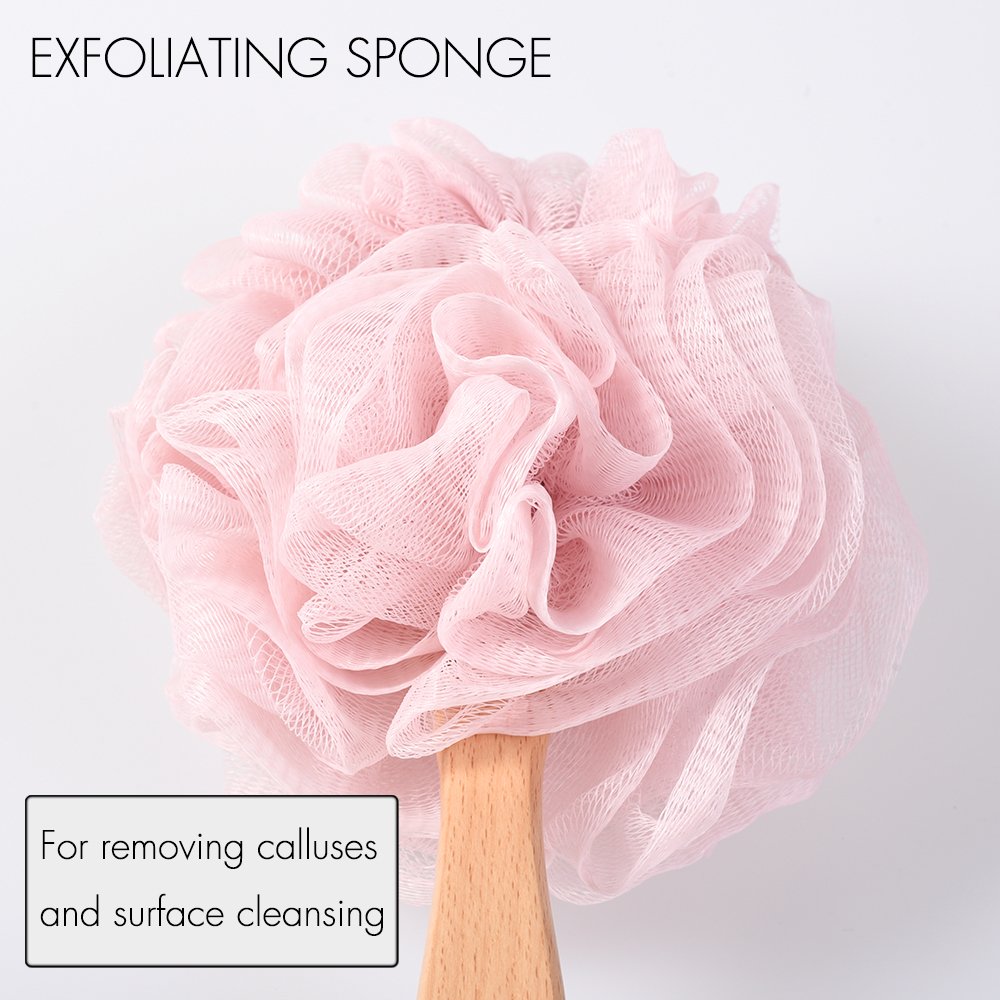 Bath Sponge & Brush Long Handled Loofah Back Scrubber Shower & Bath Exfoliating Pouf Scrubber on a Stick Body Back Brush with a Wood Handle Loofah Mesh for Men & Women By Krramel (PINK)