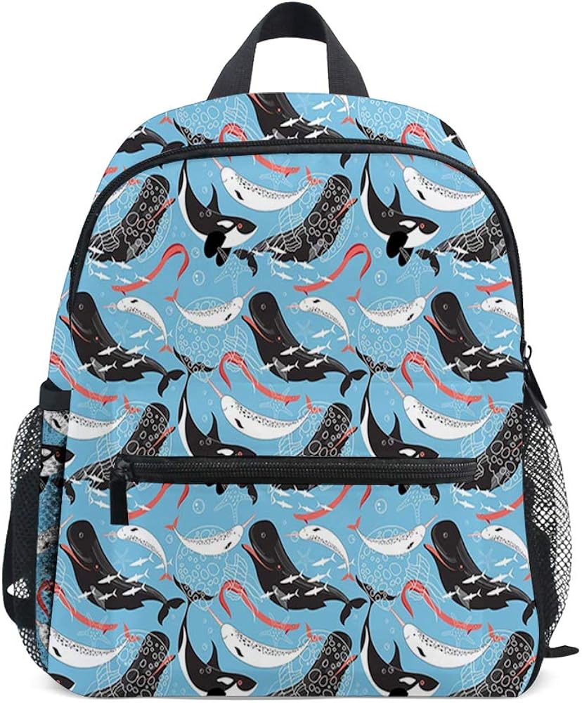 Kids Backpacks School Book Bag,Arctic Giant Sea Mammals Orca White Whale Narwhal Sketch Ocean Fauna