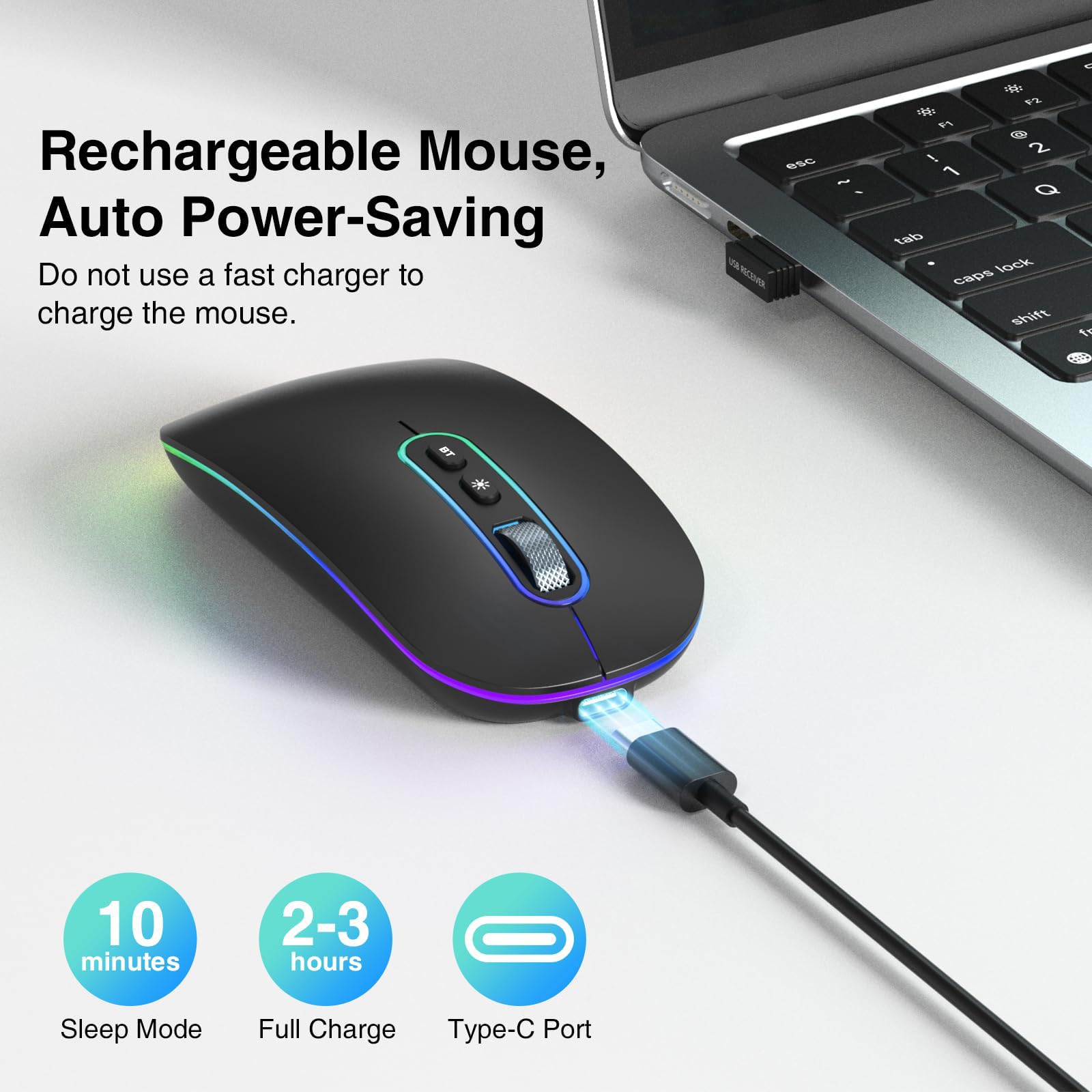 cimetech Bluetooth Maus kabellos (Bluetooth 5.1 + USB 2,4 GHz) LED Dual Mode- Wiederaufladbare Optische Office Funkmaus für Laptop MacBook Air Pro,iPad,Computer,Desktop, Mouse 3