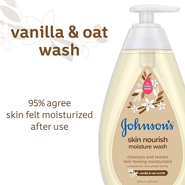 JOHNSON’S SKIN NOURISHING MOISTURE BABY WASH, VANILLA & OAT SCENTS, TEAR-FREE, HYPOALLERGENIC BABY BODY WASH CLEANSES, PROTECTS FROM DRYNESS, & LEAVES SKIN FEELING HYDRATED, 20.3 FL. OZ