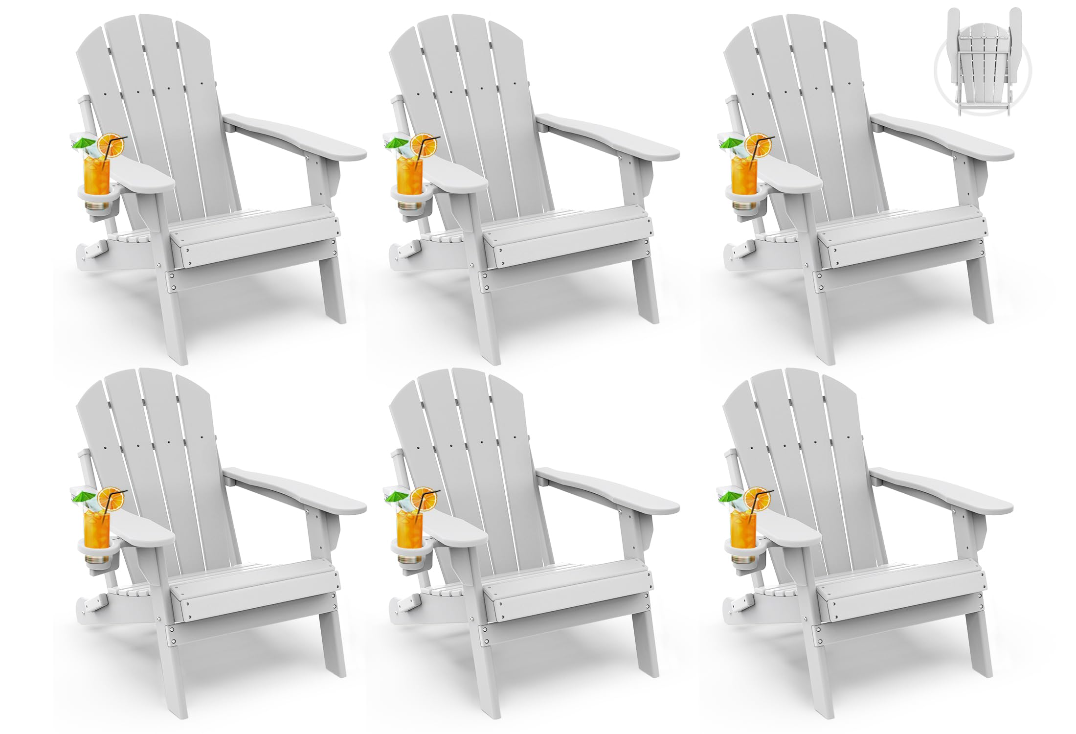 GREENVINES Folding-Adirondack-Chairs-Set-of-6 | HDPE Plastic | Fire Pit Chair | All Weather | Cup Holder | White | for Deck Backyard Patio Outdoor Garden Image