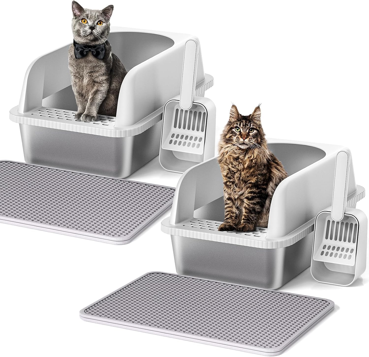 Photo 1 of Henkelion 2 Pack Stainless Steel Cat Litter Box with Lid, 20" L x 14.2" W x 11.8" H, Extra Large Litter Box for Big Cats with High Sided, Anti-Urine Leakage, Easy Cleaning, Include Cat Mat and Scoop