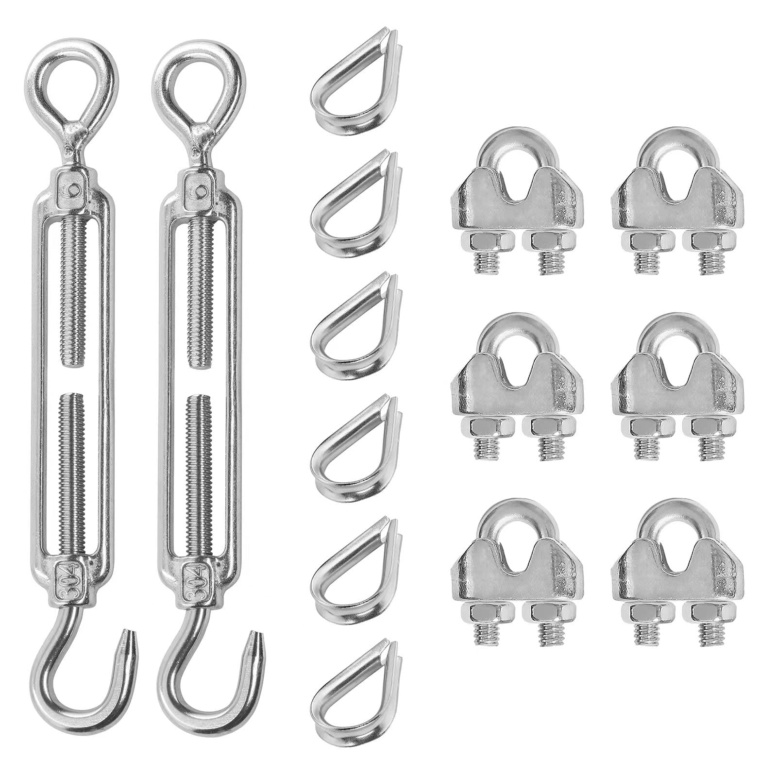 LQSCJS 2PCS M6 Hook & Eye Turnbuckle 304 Stainless Steel Turnbuckle Wire Rope Tension, 5PCS M3 Stainless Steel Thimble, 6PCS M3 Wire Rope Clip Clamp, Cable Railing Kit for Wire Rope Cable