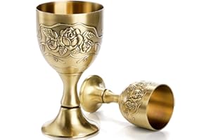 DEAYOU 2 Pack Vintage Chalice Goblet, Flower Embossed Gold Communion Cup, Food Safe Sturdy Brass Shot Glasses for Liquor, Rit